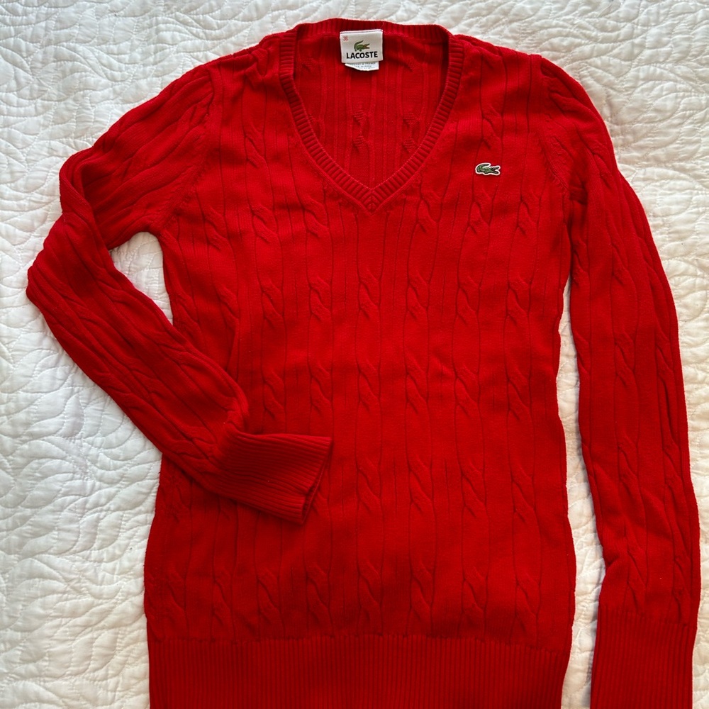 Lacoste cable knit cotton v neck pullover sweater size 36 women